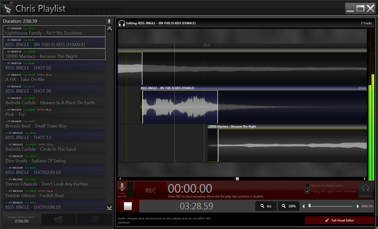 In SOHO playlist editing you can also easily adjust mix points of your tracks and also record voice tracks for your manual playlist.